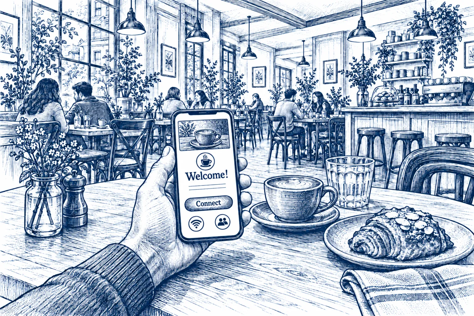 Pen-and-ink illustration of a guest viewing a phone at a restaurant table