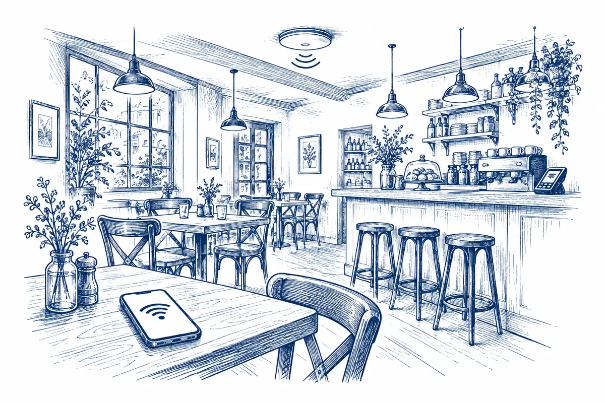 Pen-and-ink illustration of a busy restaurant with a phone on a table