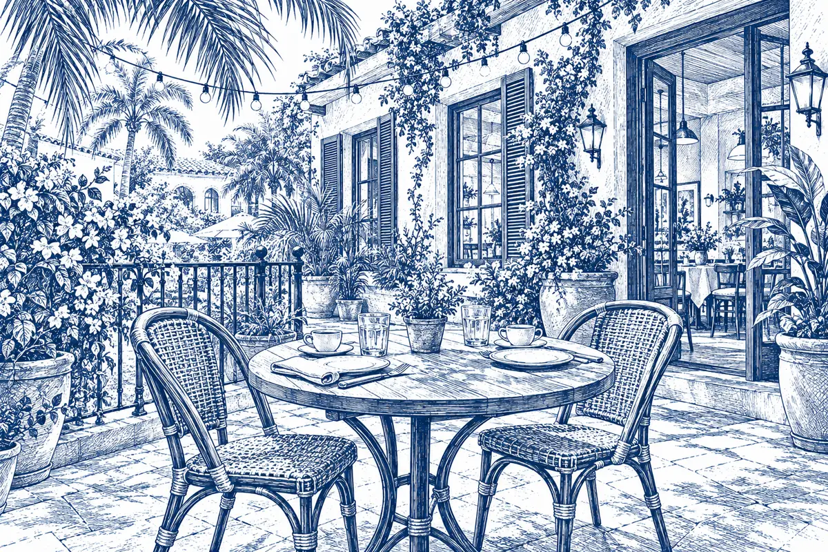 Pen and ink drawing of a terrace table for two under palm fronds and string lights